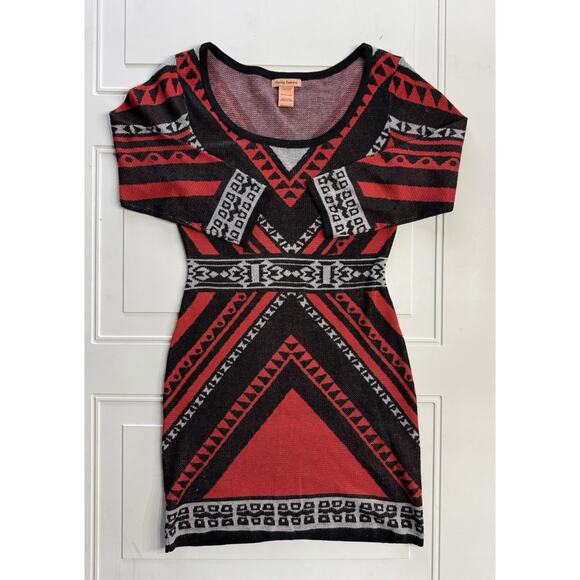 Flying Tomato XS Sweater Mini Dress Black Red Boho Aztec Tribal Bodycon - Picture 1 of 5